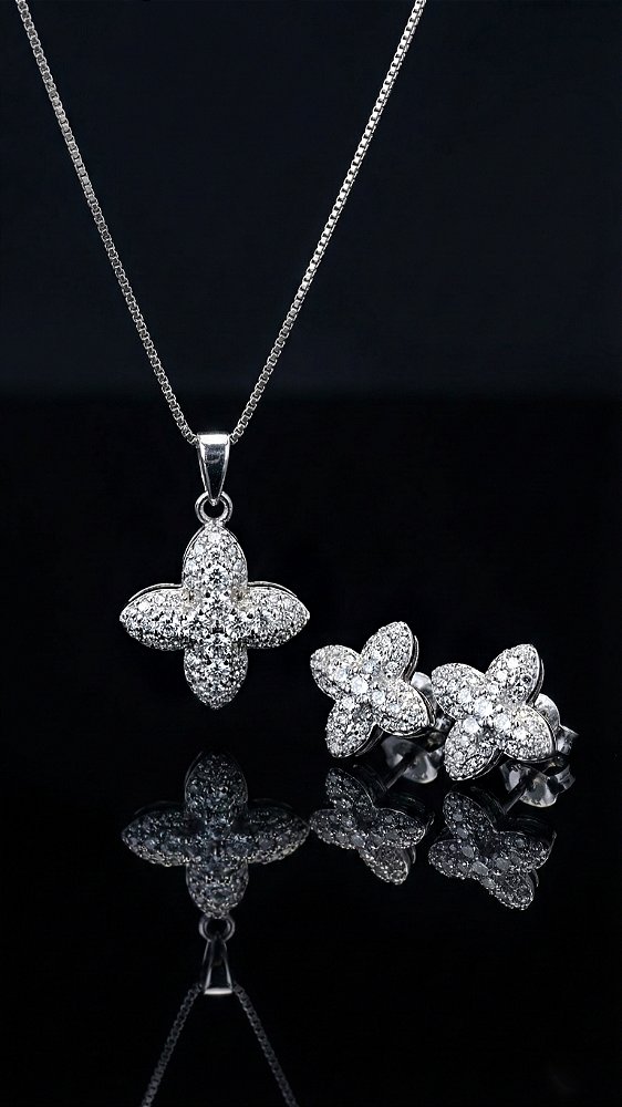 Conjunto Insp Tiffany Trevo Zircônia Cravejado Prata