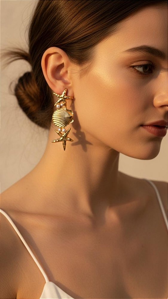 Brinco Duplo Concha E Estrela Pérola Dourado