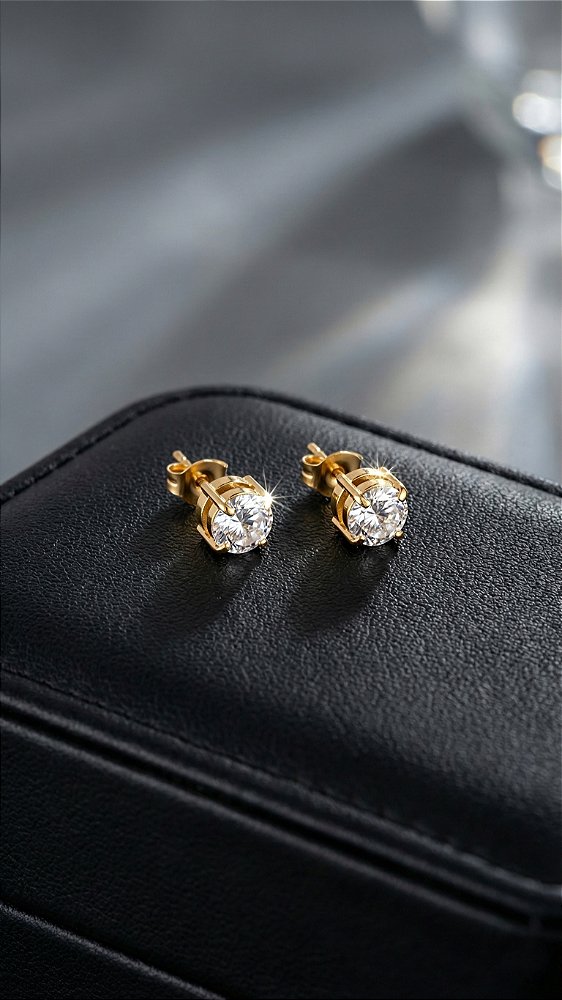 Brinco Ponto de Luz Solitário Zircônia Aço Dourado