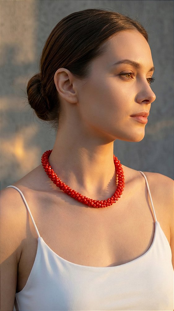 Colar Miçangas Vermelho Insp Swarovski Aço