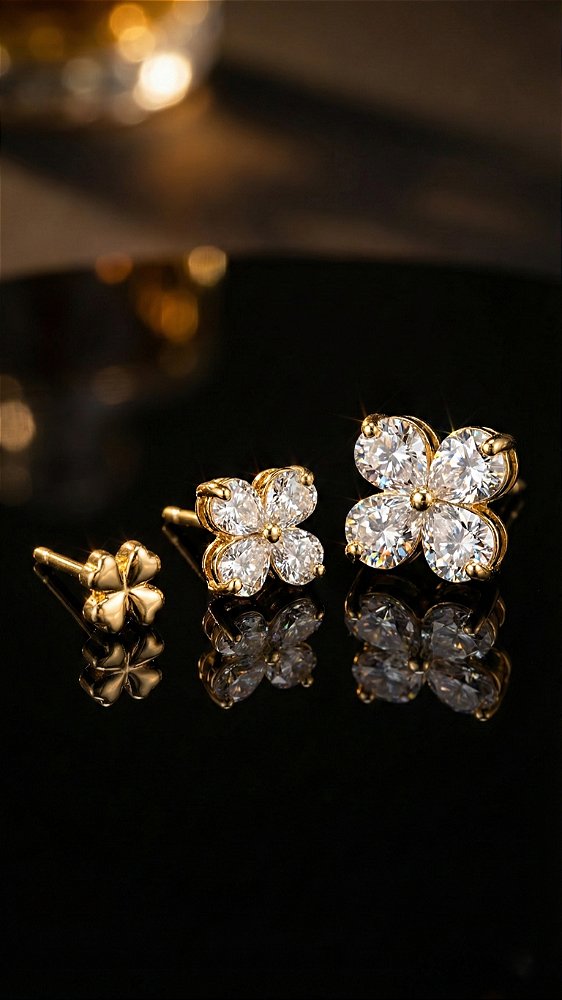 Brinco Trio Trevo Zircônia Cravejado Dourado