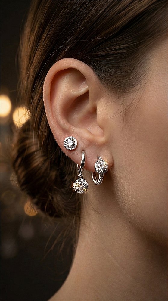 Brinco Trio Argolinha Ponto de Luz Zircônia Prata