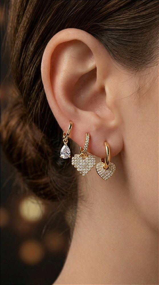 Brinco Trio Corações Gota Zircônia Dourado