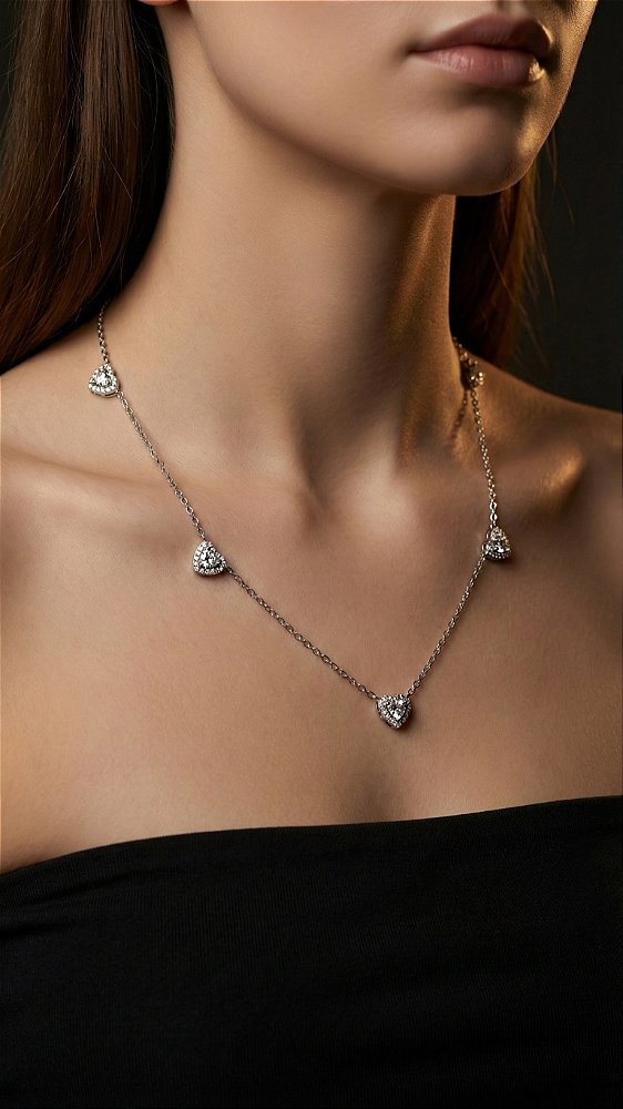 Colar Corações Zircônia Cristal Prata