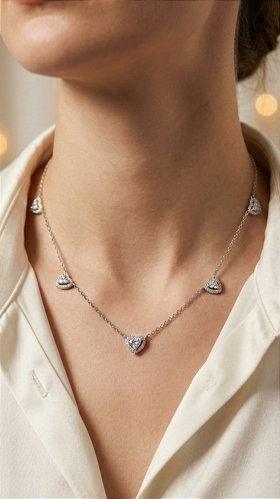 Colar Corações Zircônia Cristal Prata