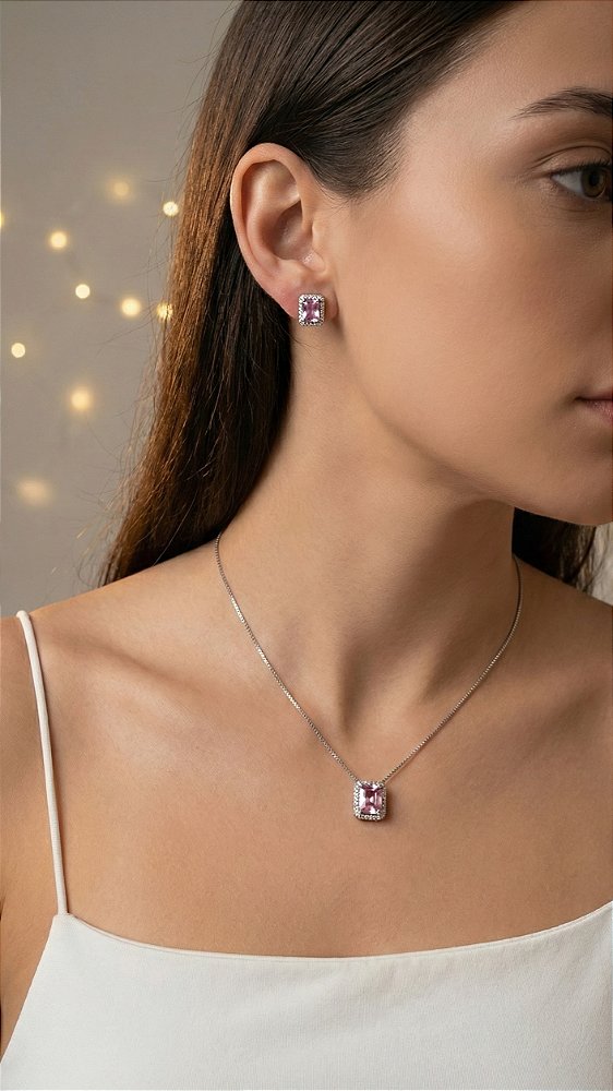 Conjunto Pedra Retangular Zircônia Rosa Cravejada Prata