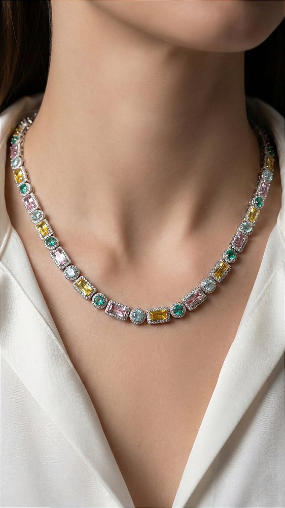 Colar Mix Chatons Rivieras Coloridas Cravejadas Prata