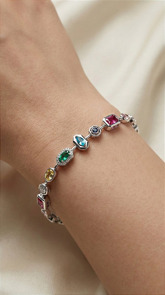 Colar Mix Pedras Coloridas Insp Swarovski Prata