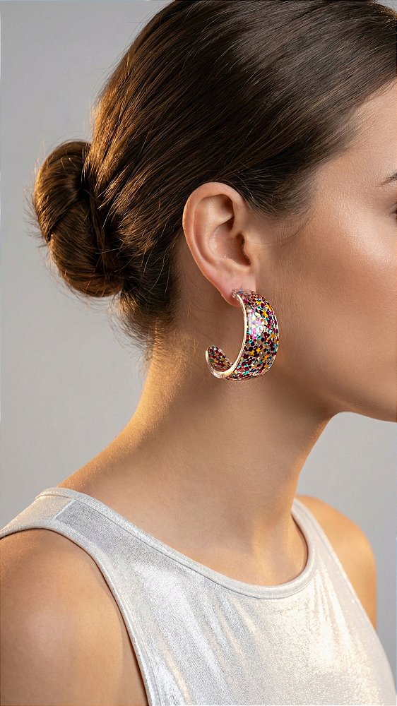 Brinco Argola Resina Confetes Coloridos Transparente