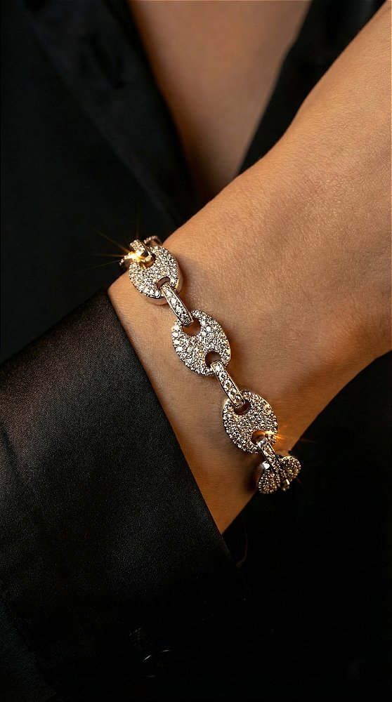 Pulseira Elos Insp Gucci Zicônias Cravejada Prata