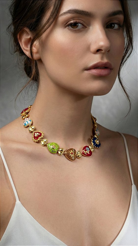 Colar Gargantilha Inspiração D&G Verde Colors Dourado