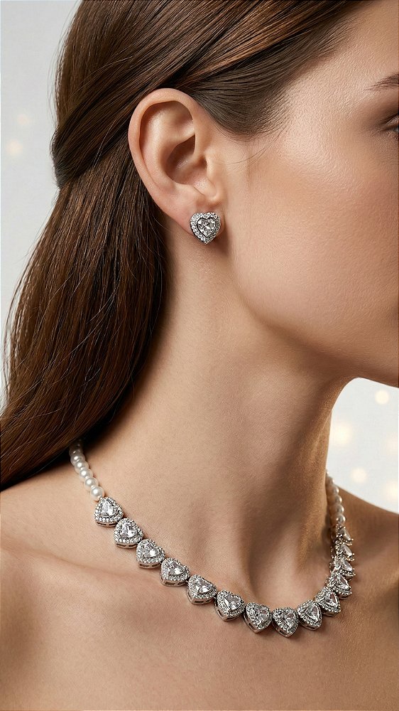 Conjunto Inspiração Swarovski Pérolas com Corações Zircônias Prata