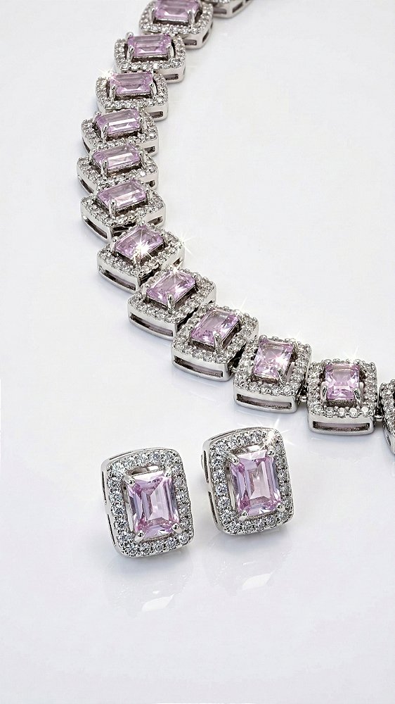 Conjunto Inspiração Swarovski Zircônia Rosa Cravejada Prata