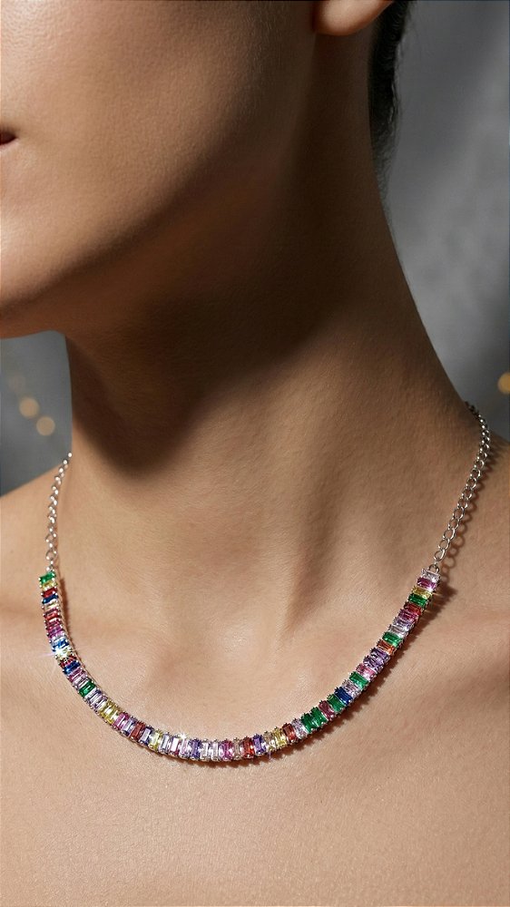 Colar Riviera Baguete Colorida Ajustável Prata
