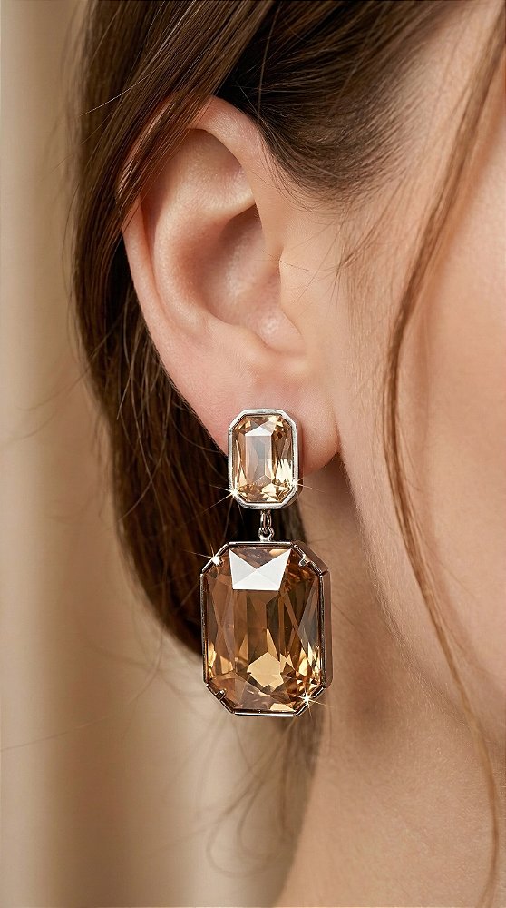 Brinco Pedra Dupla Marrom Aço Prata