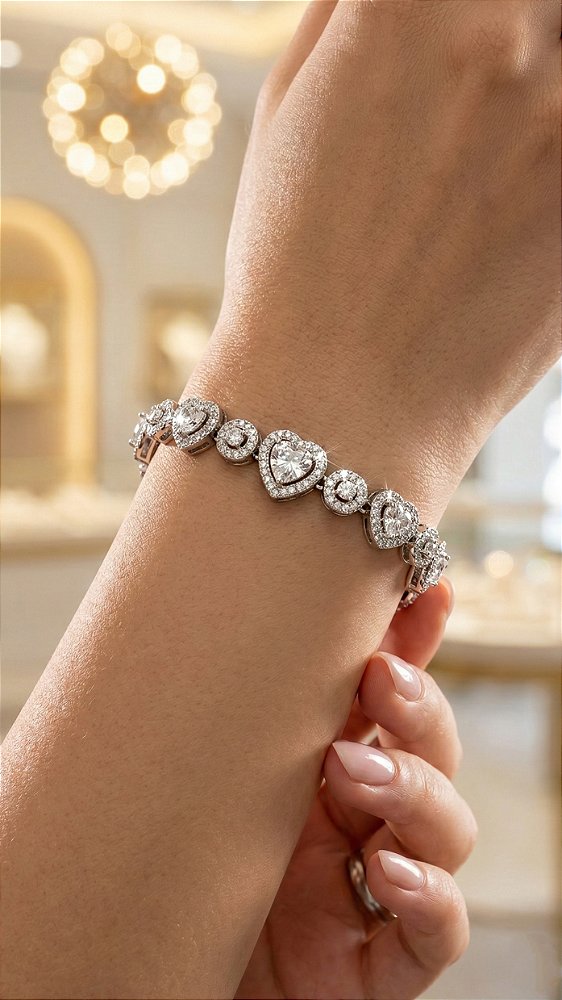 Pulseira Inspiração Swarovski Corações Cravejados Zircônias Cristal Prata
