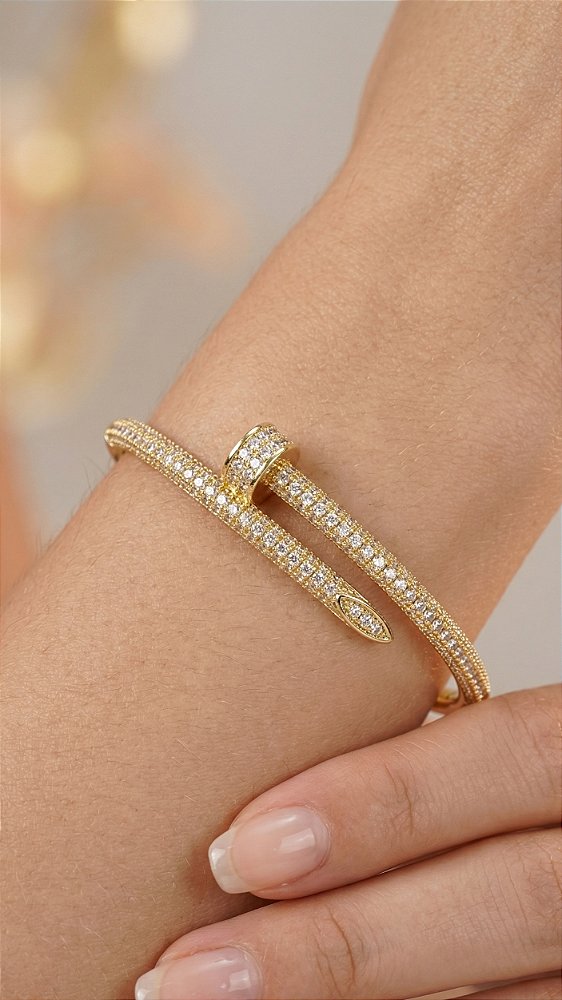 Bracelete Prego Médio CT Cravejado Zircônias Dourado