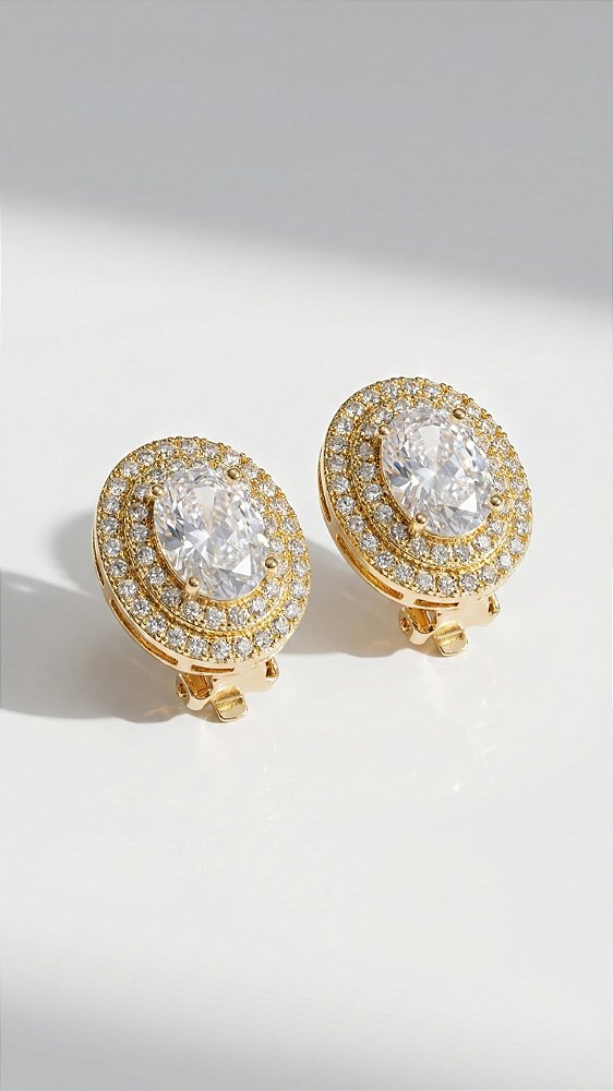 Brinco Pressão Redondo Zircônia Cristal Cravejado Dourado