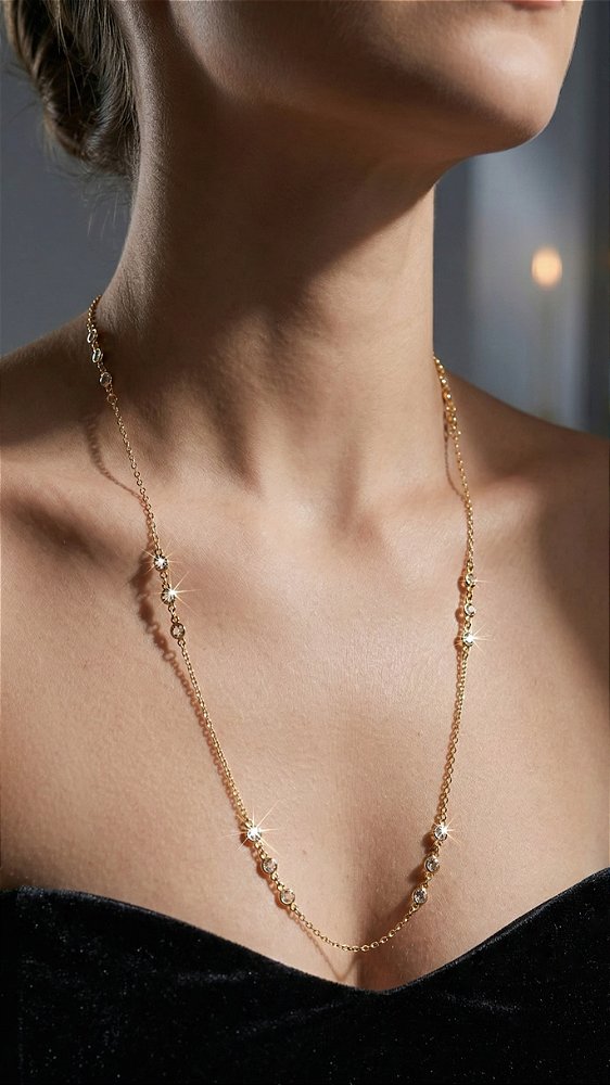 Colar Alongado Esferas Cristal Dourado
