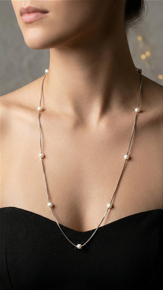 Colar Alongado Pérolas Prata