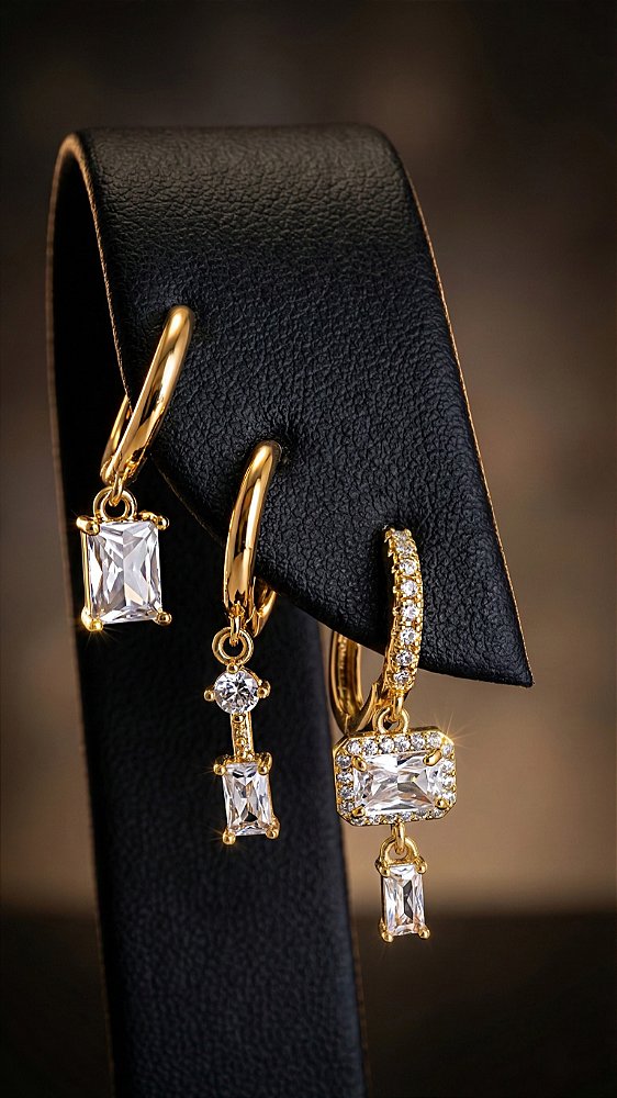 Brinco Trio Inspiração Pandora Zircônia Dourado