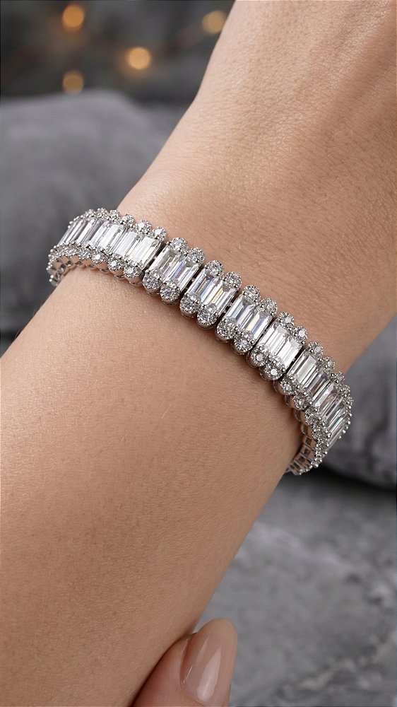 Pulseira Riviera Insp Swarovski Baguete Cravejada Premium Prata