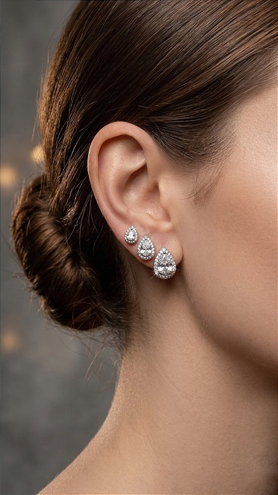 Brinco Trio Gotas Cristal Cravejado Zircônias Prata