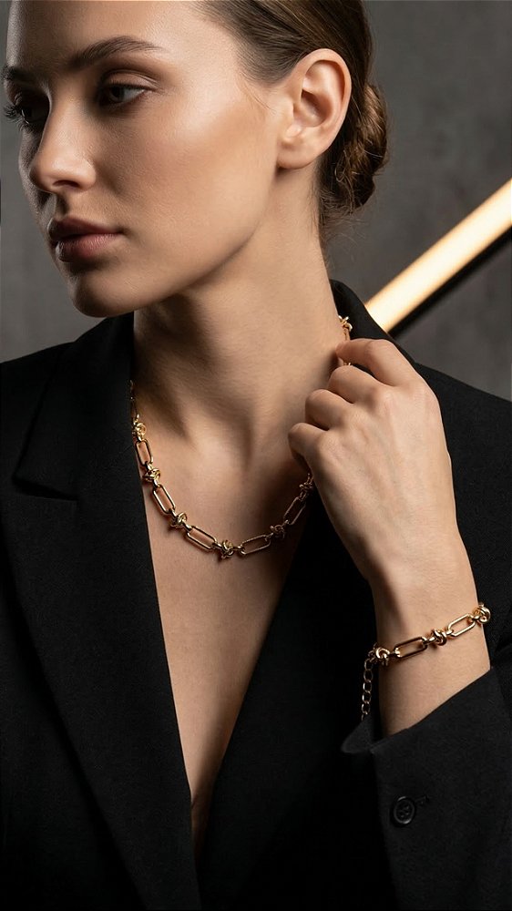 Conjunto Colar e Pulseira Correntaria Insp Cartier Aço Dourado