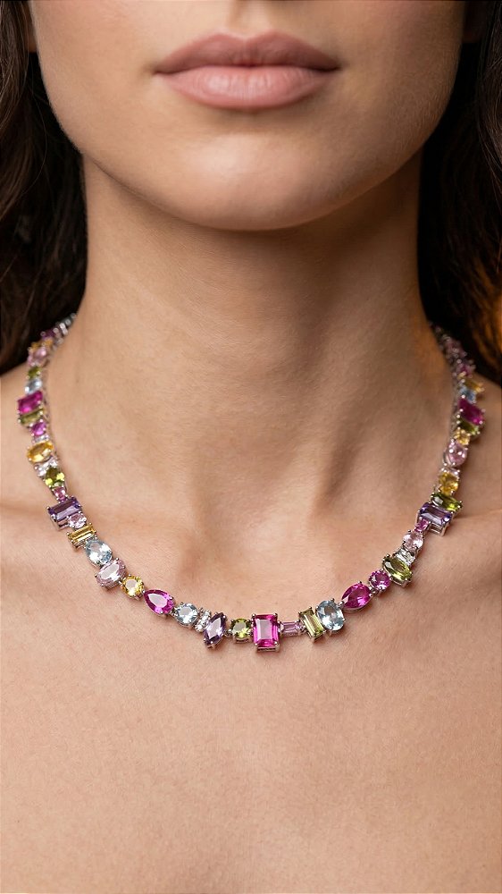 Colar Insp Swarovski Zircônias Coloridas Assimétricas Prata