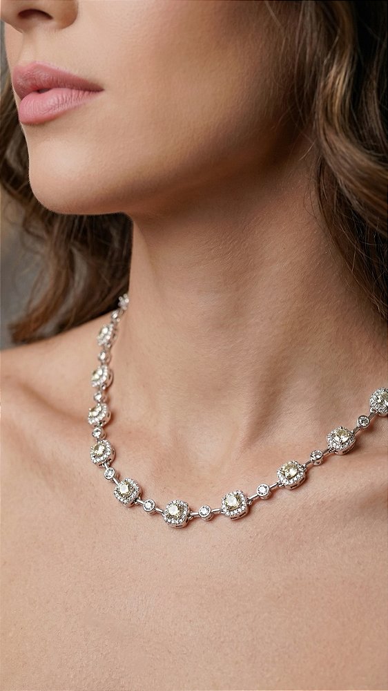 Colar Insp Swarovski Pedras Zircõnias Cravejadas Quadradas Citrino Prata