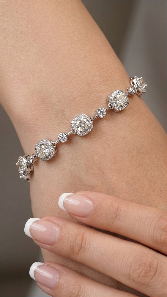 Pulseira Insp Swarovski Pedras Zircõnias Cravejadas Quadradas Citrino Prata
