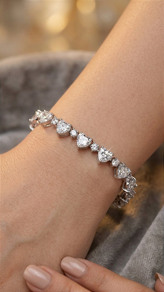 Pulseira Corações Insp Swarovski Zircônia Cristal Prata