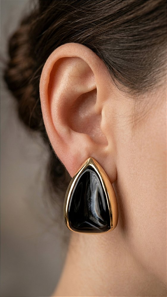 Brinco Gota Bali Esmaltado Resina Preto Dourado