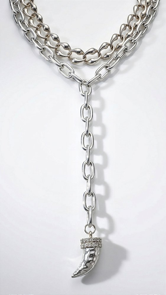 Colar Duplo Correntaria Pingente Dente de Sabre Prata