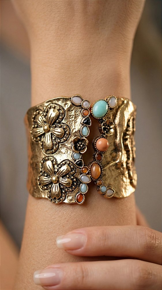Bracelete Vintage Flores e Resinas Color Dourado Escovado
