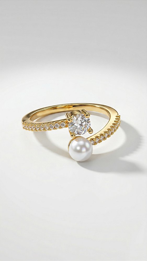 Anel Composê Zircônia e Pérola Dourado Ajustável