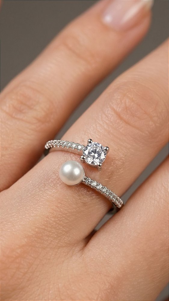 Anel Composê Zircônia e Pérola Prata Ajustável