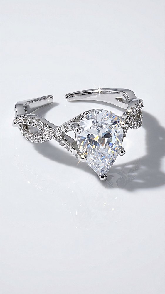 Anel Solitário Gota Zircônia Cravejado Prata Ajustável