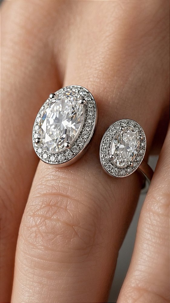Anel Zircônias Duo Oval Cravejada Cristal Prata Ajustável