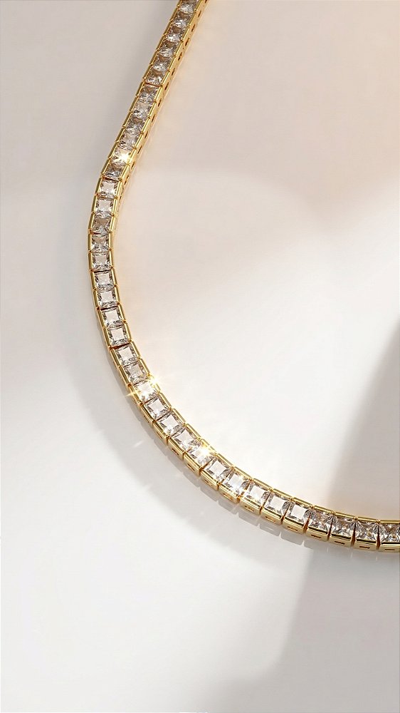 Colar Riviera Quadrado 4mm Zircônias Dourado Fecho Gravata