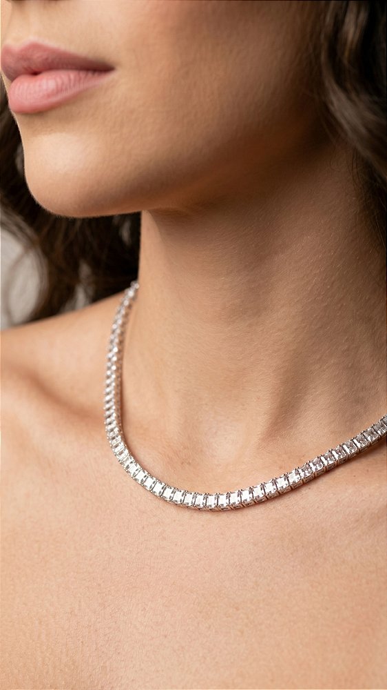 Colar Riviera Quadrado 4mm Zircônias Prata Fecho Gravata