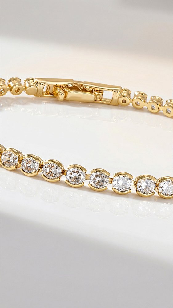 Pulseira Riviera Redonda 3mm Zircônia Cristal Dourado