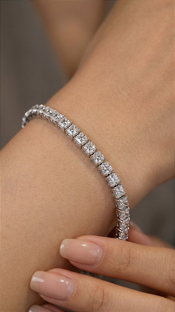 Pulseira Riviera 2 pontas 3mm Quadrada Zircônia Cristal Prata