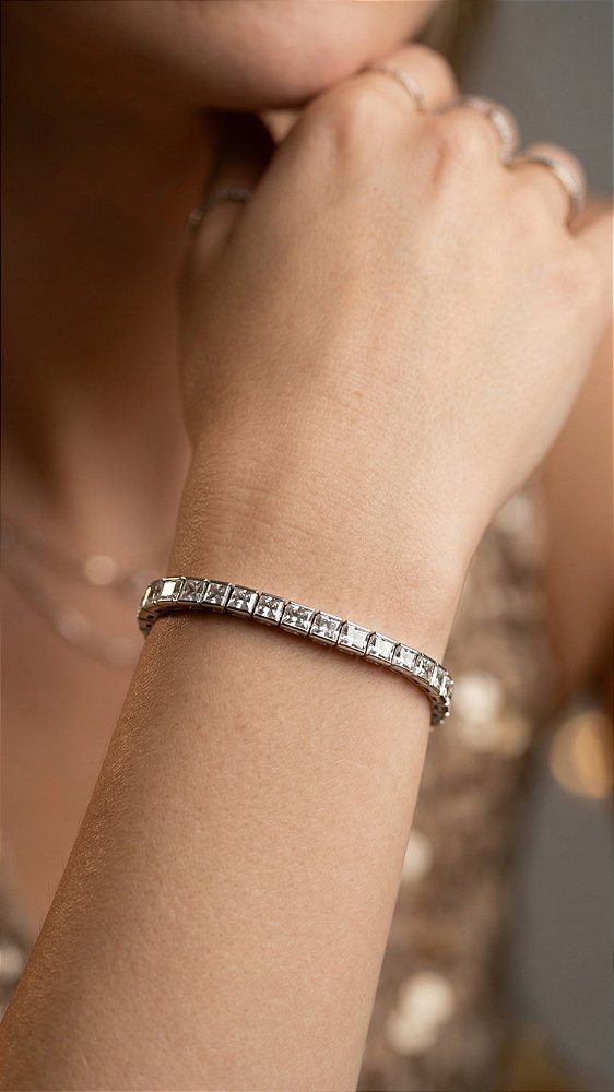 Pulseira Riviera Quadrado 4mm Zircônias Prata Fecho Gravata