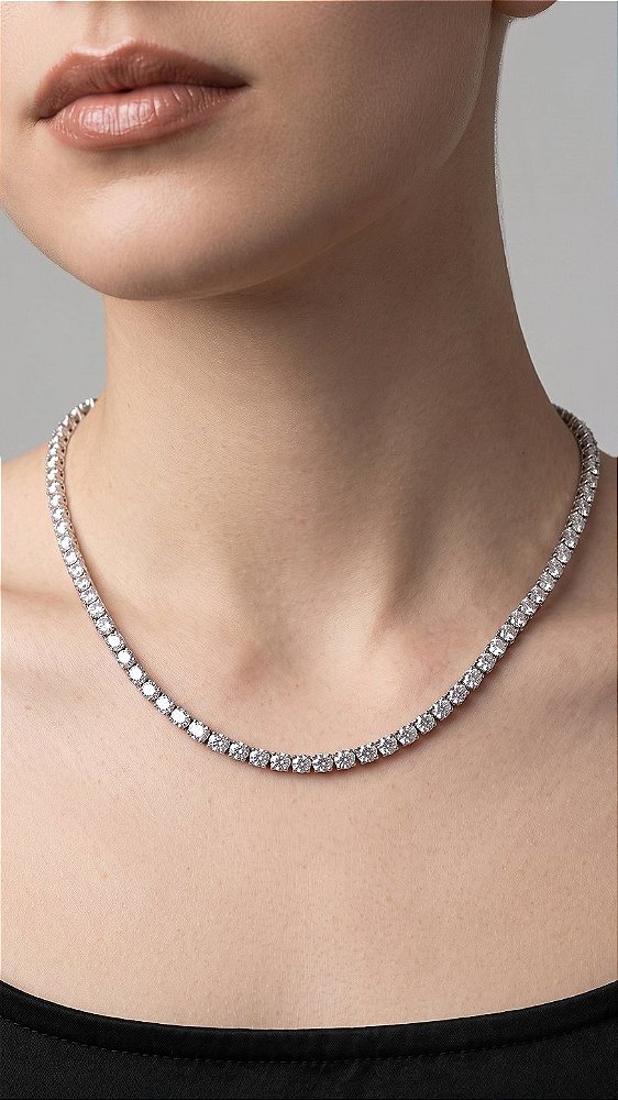 Colar Riviera Redonda 3mm Zircônias Banho Ródio Branco