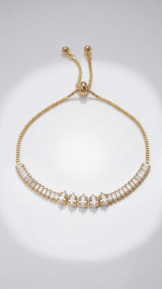 Pulseira Riviera Mix Baguete & Navete Dourado Ajustável