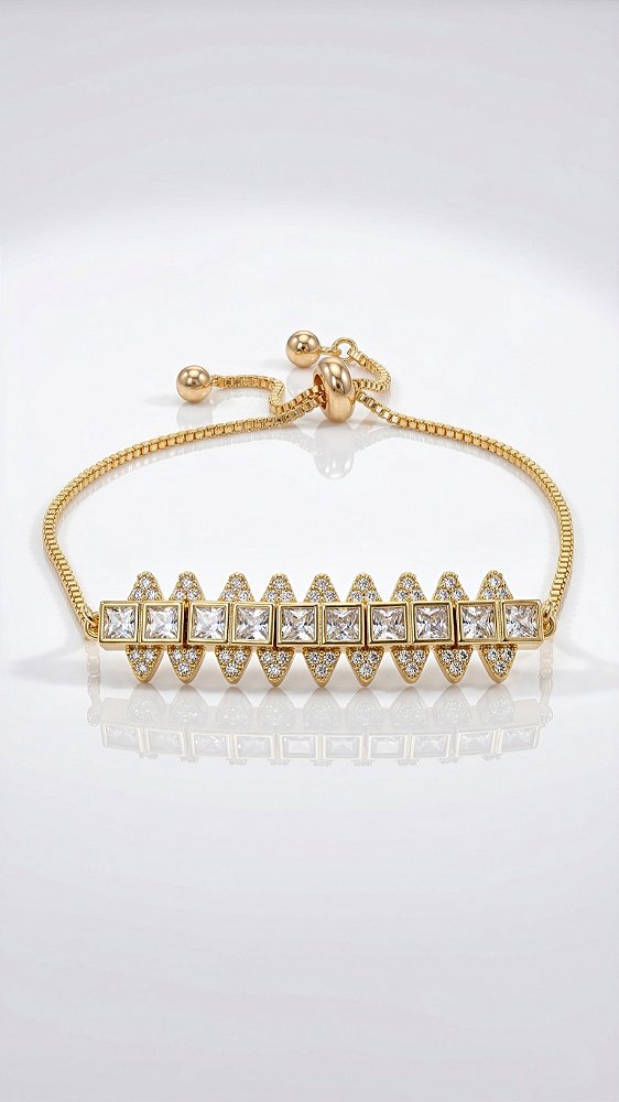 Pulseira Riviera Quadrada Zircônias Dourado Ajustável