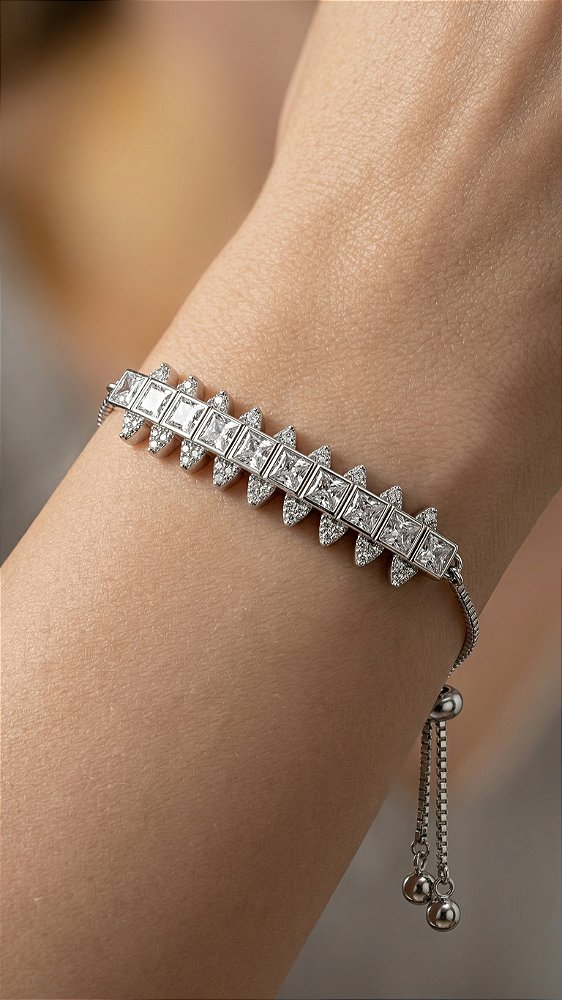 Pulseira Riviera Quadrada Zircônias Prata Ajustável