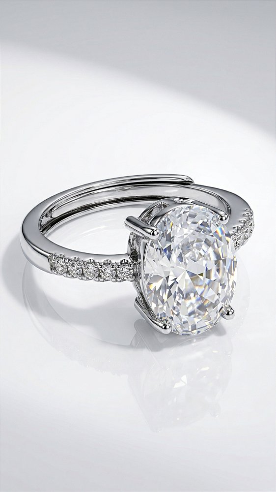 Anel Solitário Hailey Zircônia Oval Cristal Cravejado Prata Ajustável