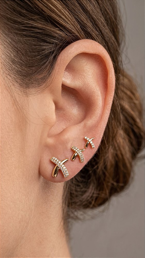 Brinco Trio X Lovers Knot Zircônia Cravejada Dourado